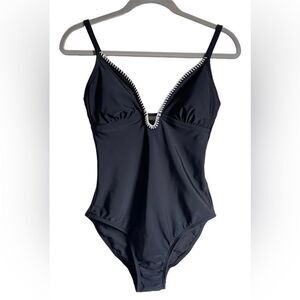 NEW Kona Sol Black Crochet Plunge One Piece Swimsuit Medium